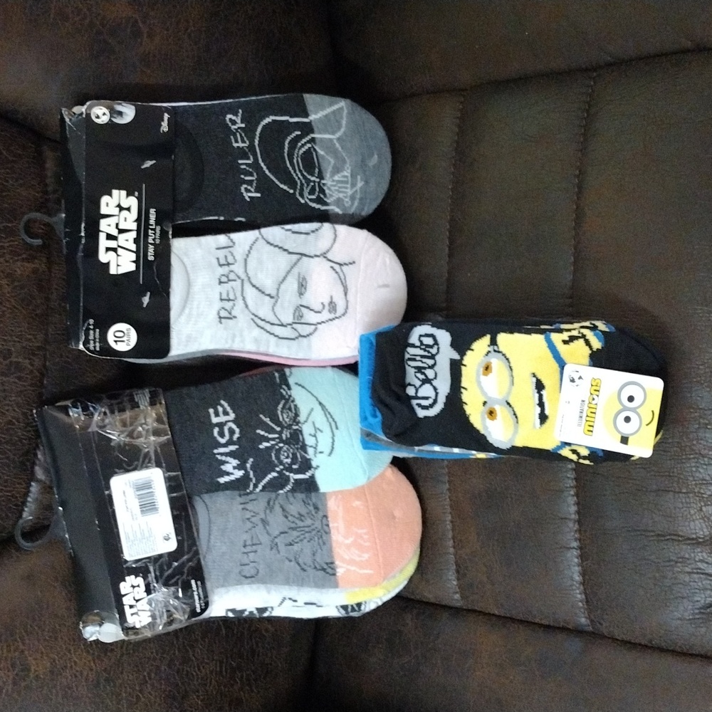 Two packs of Star wars socks 10 pairs in each... Minions no show socks 6 pairs